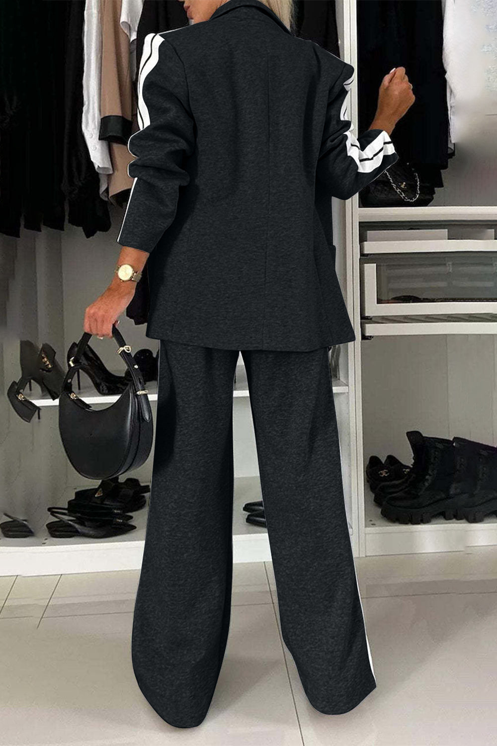Full Size Contrast Lapel Collar Top and Pants Set, Small - 3XLarge