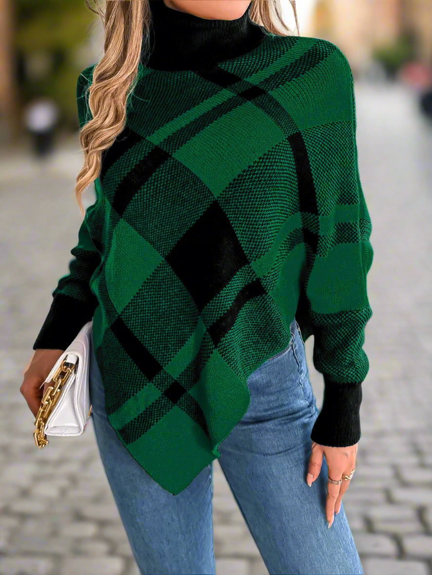 Plaid Turtleneck Batwing Sleeve Sweater