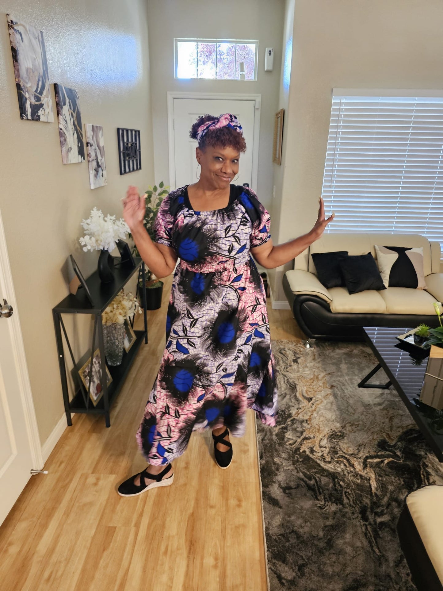 Short Puff Sleeve Maxi Dress with Head Wrap, Multiple Colors (free size)