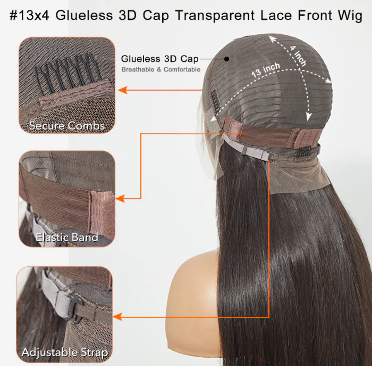 Glueless 3D Cap Pre-bleached Straight 13x4 Transparent Lace Front Wig 150% Density