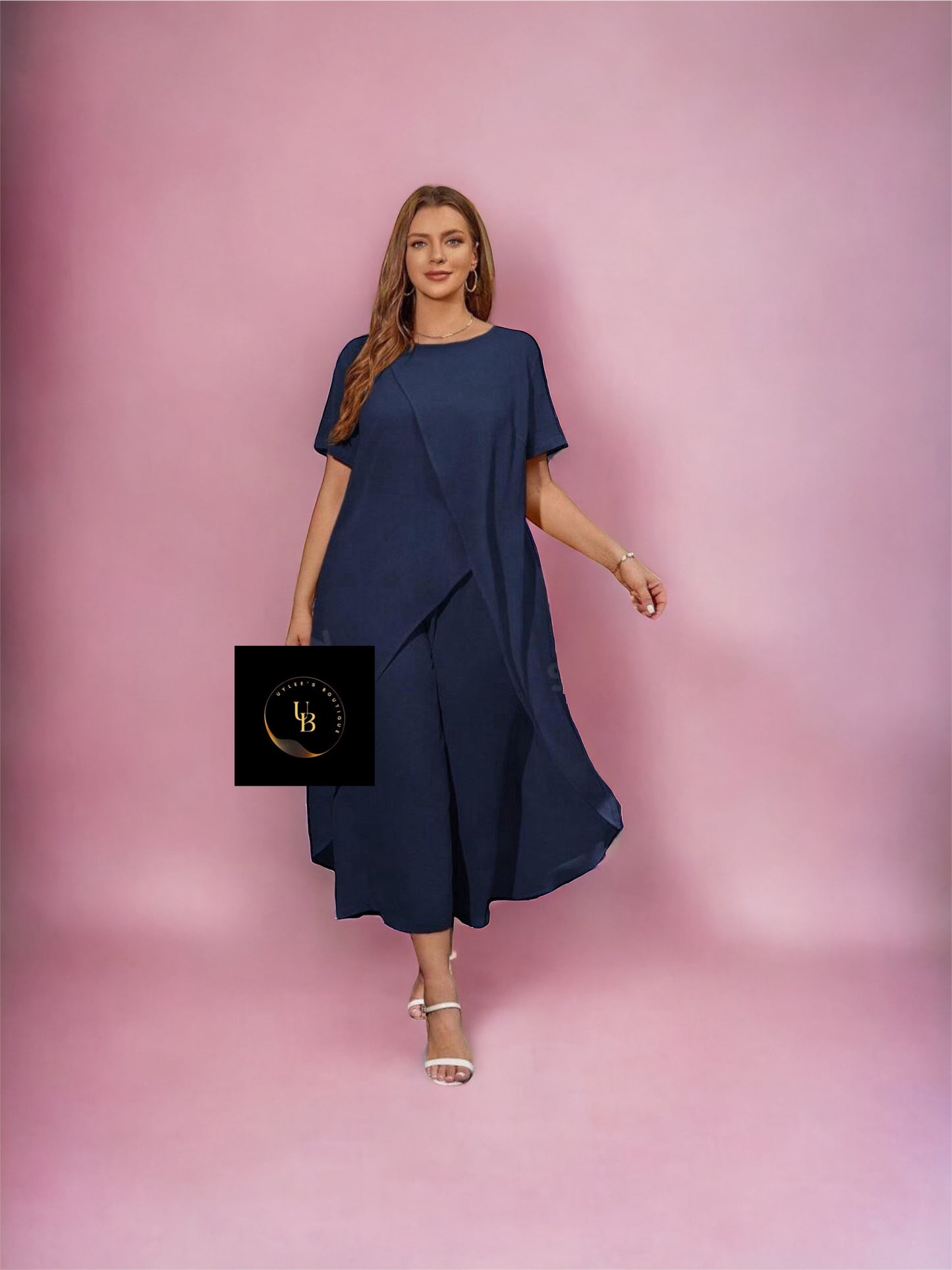 Plus Fashion Asymmetrical Top with Wide Leg Pants - Three Colors
