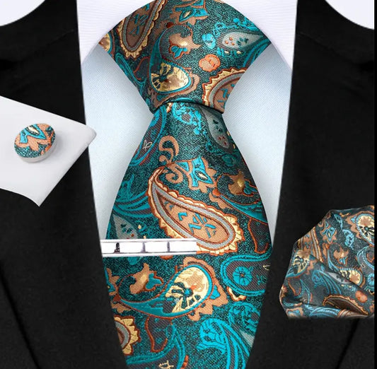 Men’s Silk Coordinated Tie Set - Turquoise Gold Paisley