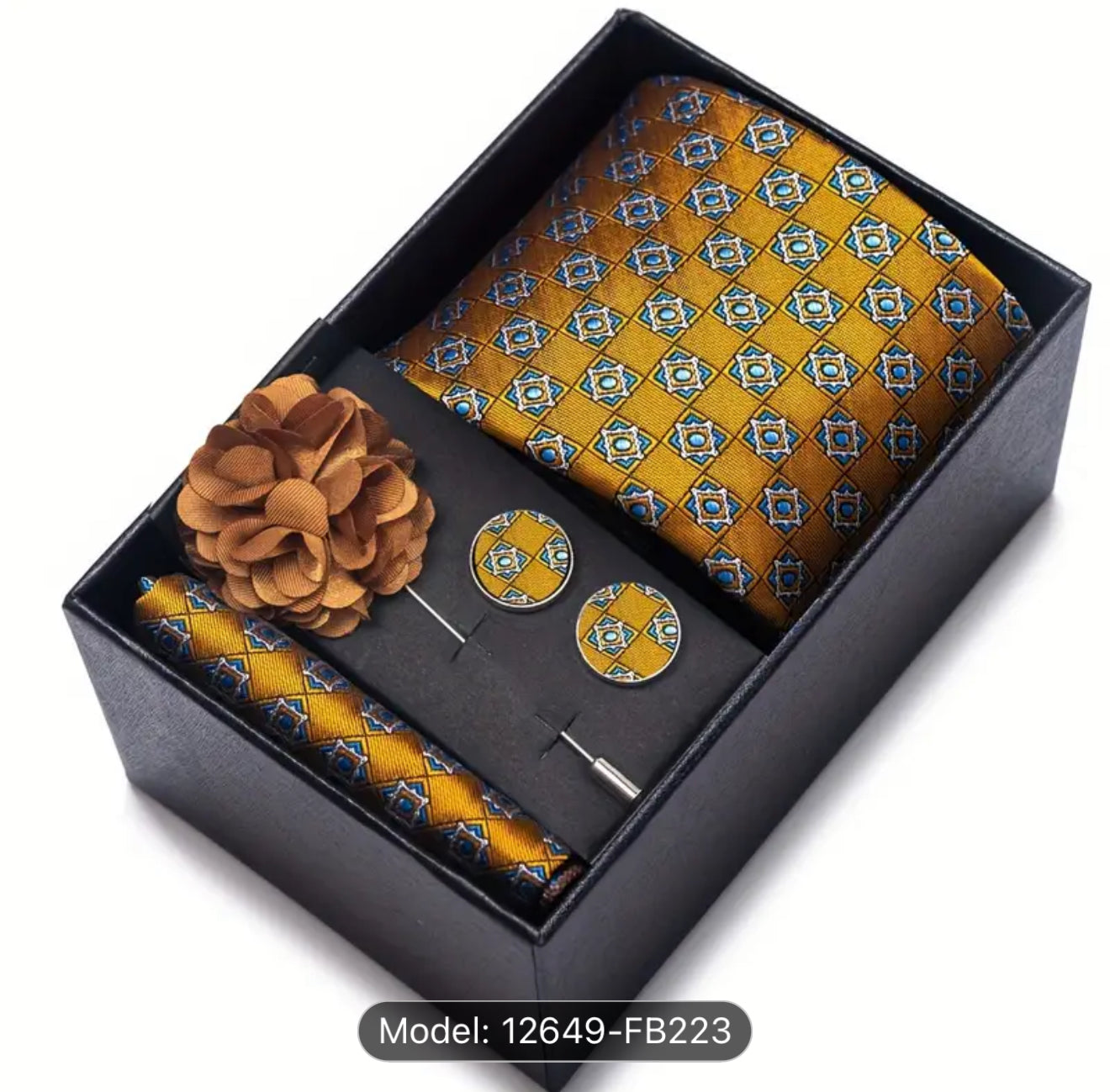 Men’s Silk Coordinated Tie Set w/Box - Turmeric with Blue Check (12649-FB223)