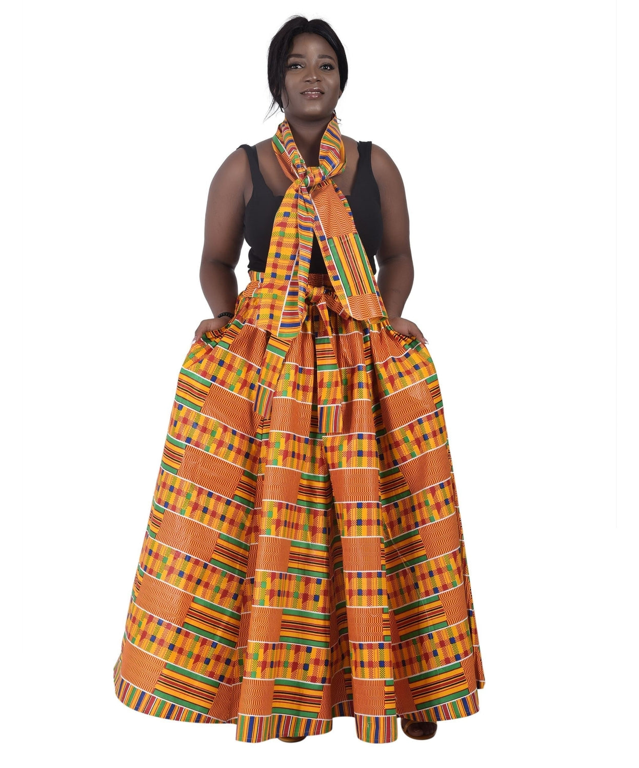 READY TO SHIP MAY 15th! ✨ Hand Made African Print Skirt and Head Wrap - Orange Print with Green, Red, Yellow Patterns