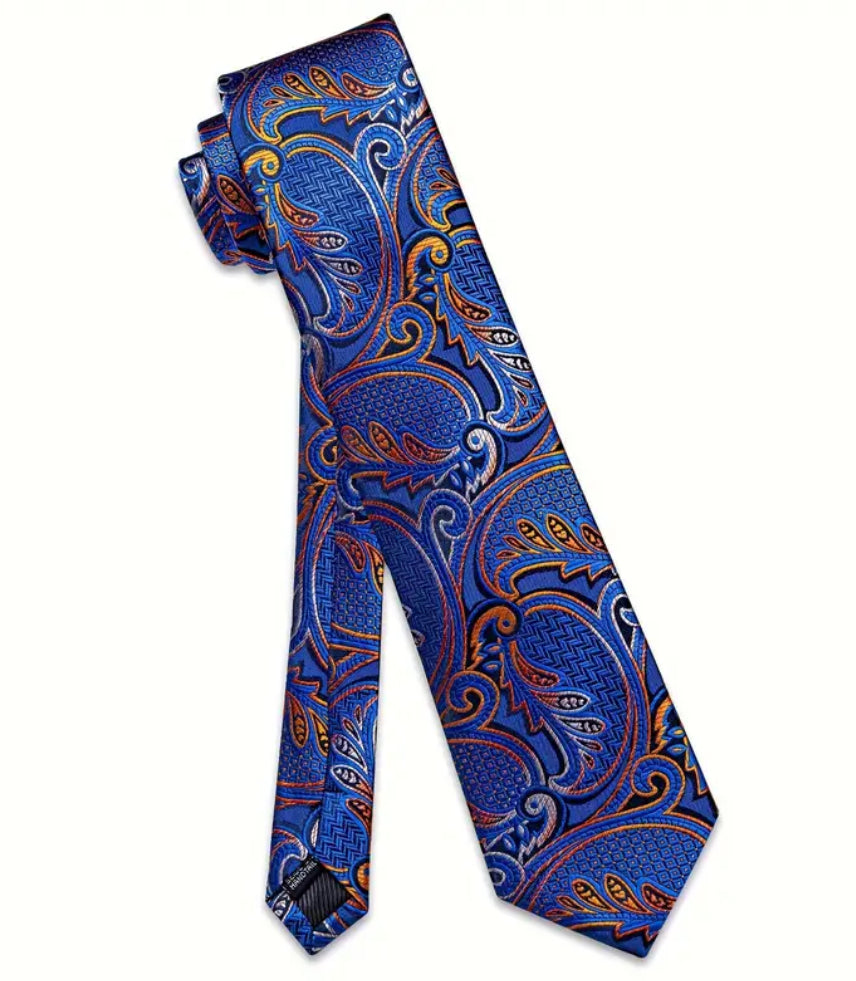 Men’s Silk Coordinated Tie Set - Blue Tie with Blue & Orange Paisley