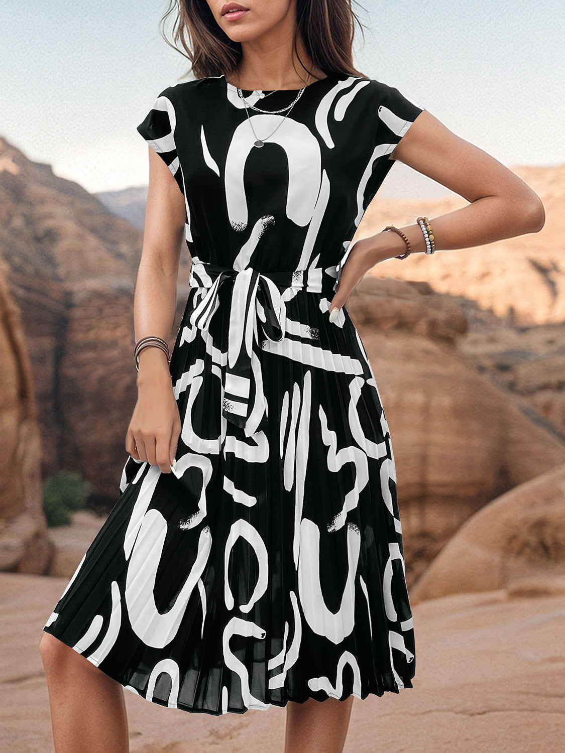 Printed Cap Sleeve Tie Waist Dress - Three Color Choices