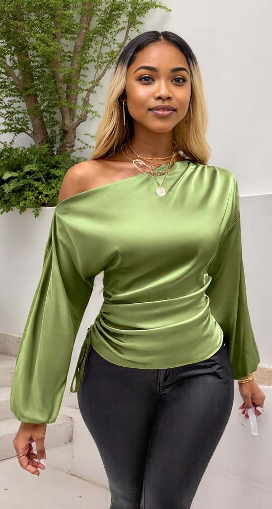 Drawstring One Shoulder Long Sleeve Blouse
