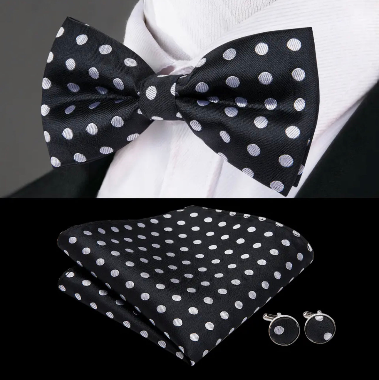 Men’s Silk Coordinated Black Bow Tie Set - Black with White Polka Dots 0755