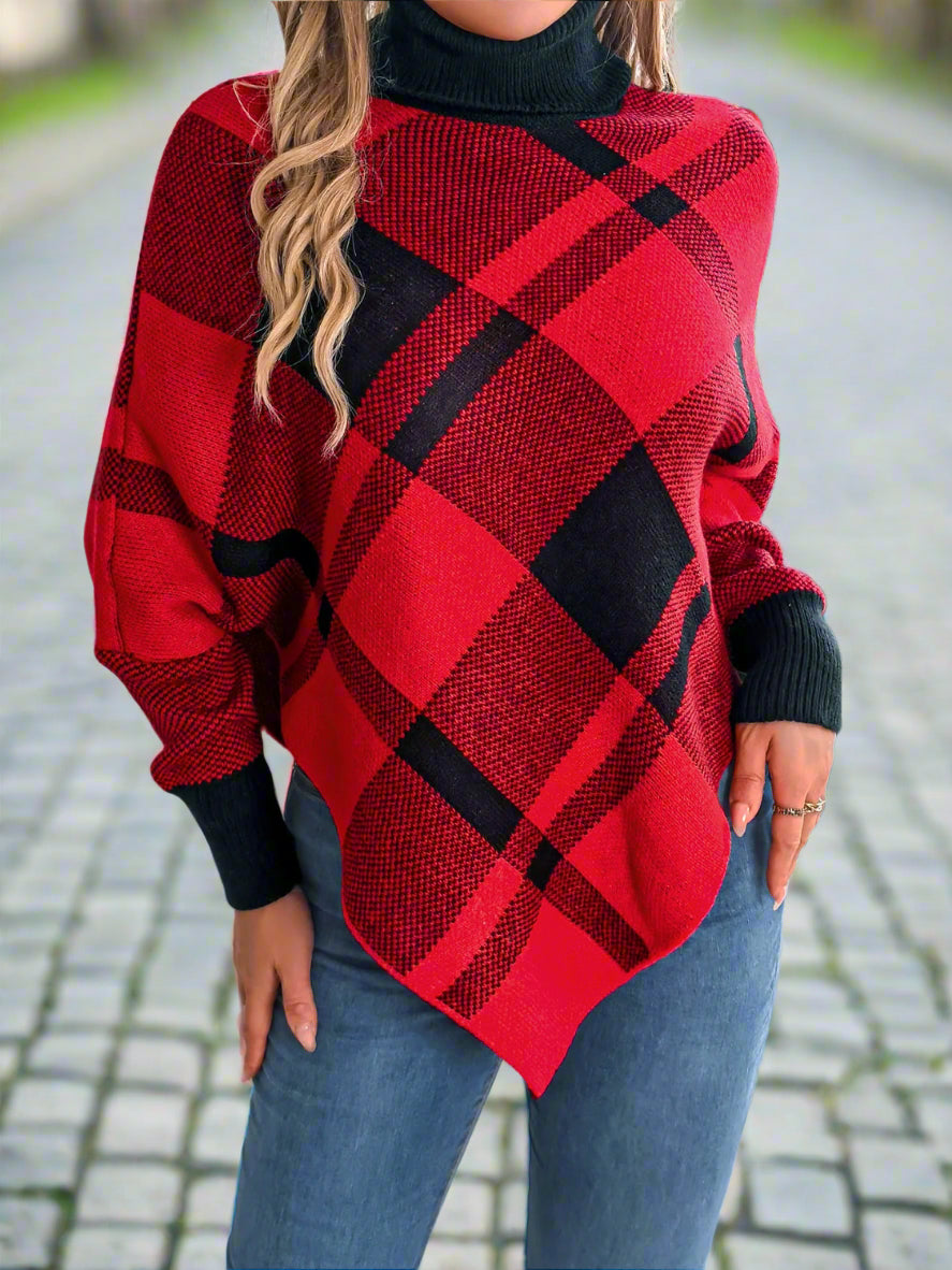 Plaid Turtleneck Batwing Sleeve Sweater