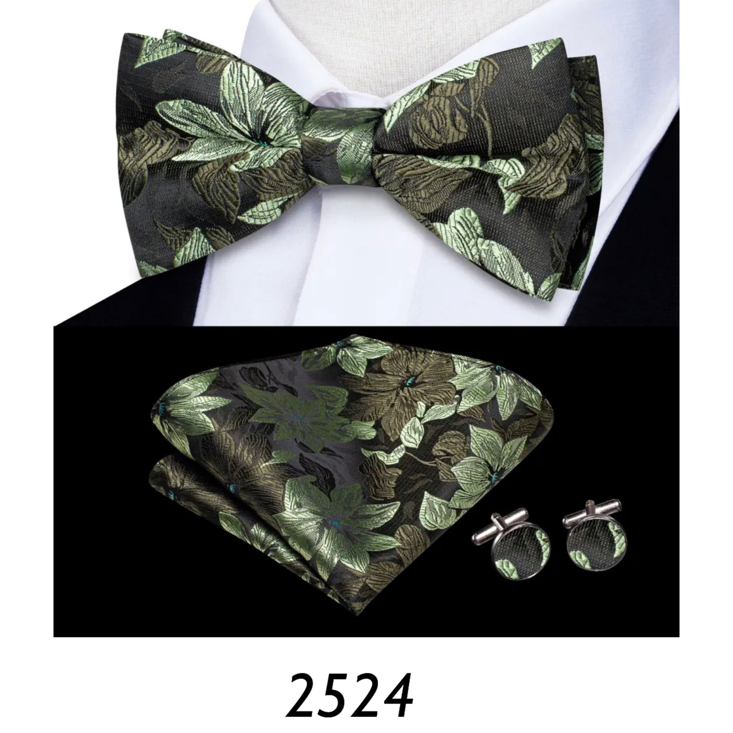 Men’s Silk Coordinated Black Bow Tie Set - Green Floral 2524