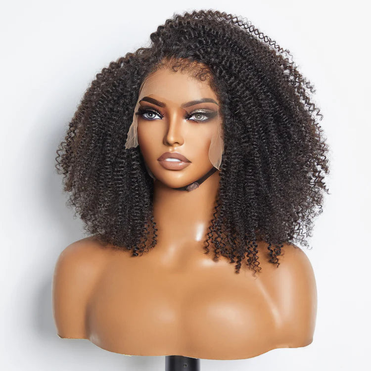 16 Inches 13"x4" Afro Kinky Curly 4C Edge Hairline #1B Lace Frontal Wig-100% Human Hair