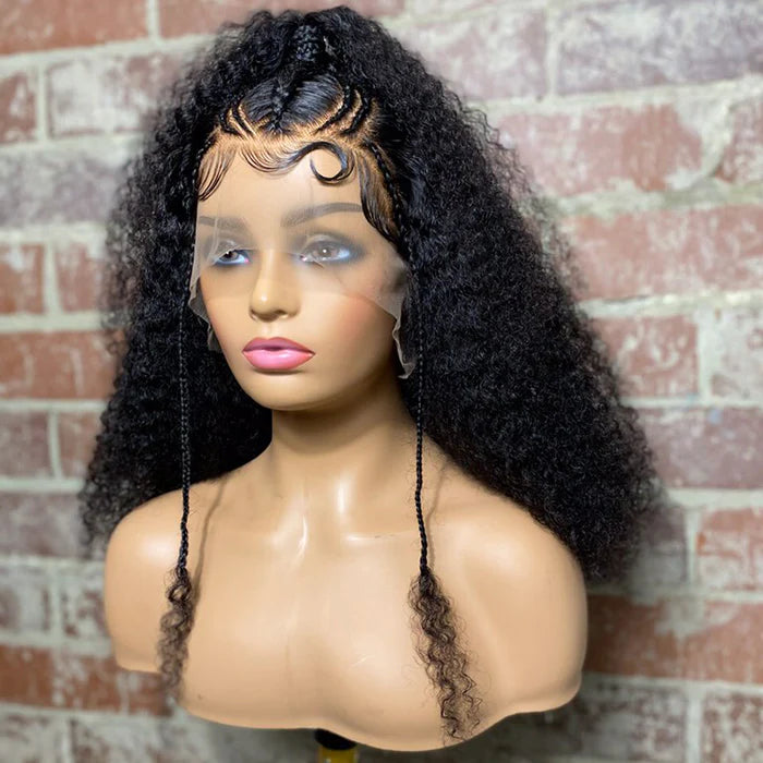 6/18/20 Inches Afro Poofy Curly Style with Special Braids 13x6 Lace Frontal Wig with Ponytail 250% Density-100% Human Hair