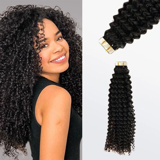 Afro-textured Kinky Curly Tape In Remy Hair Extensions #1B Natural Black