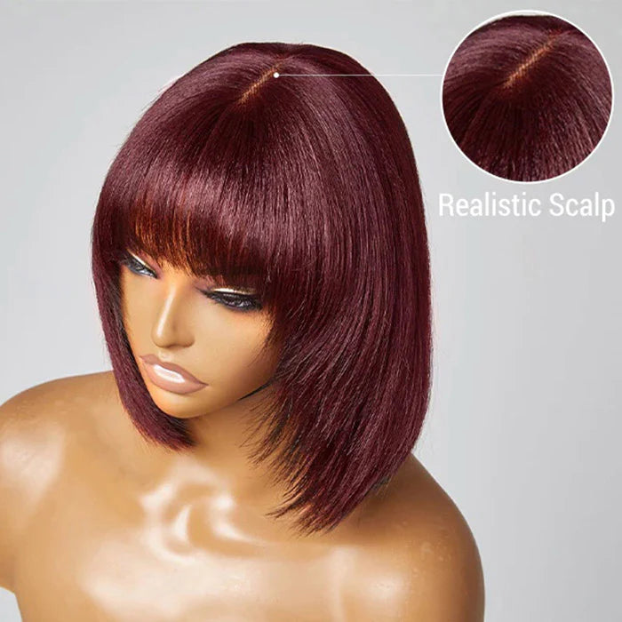 10 Inches Reddish Purple Layered Cut Yaki Straight #99J Lace Bob Wig With Bangs