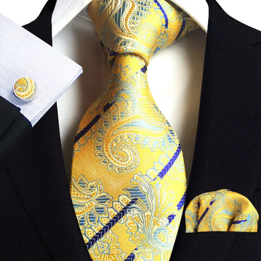 Men’s Silk Coordinated Tie Set - Yellow Paisley with Blue Stripe