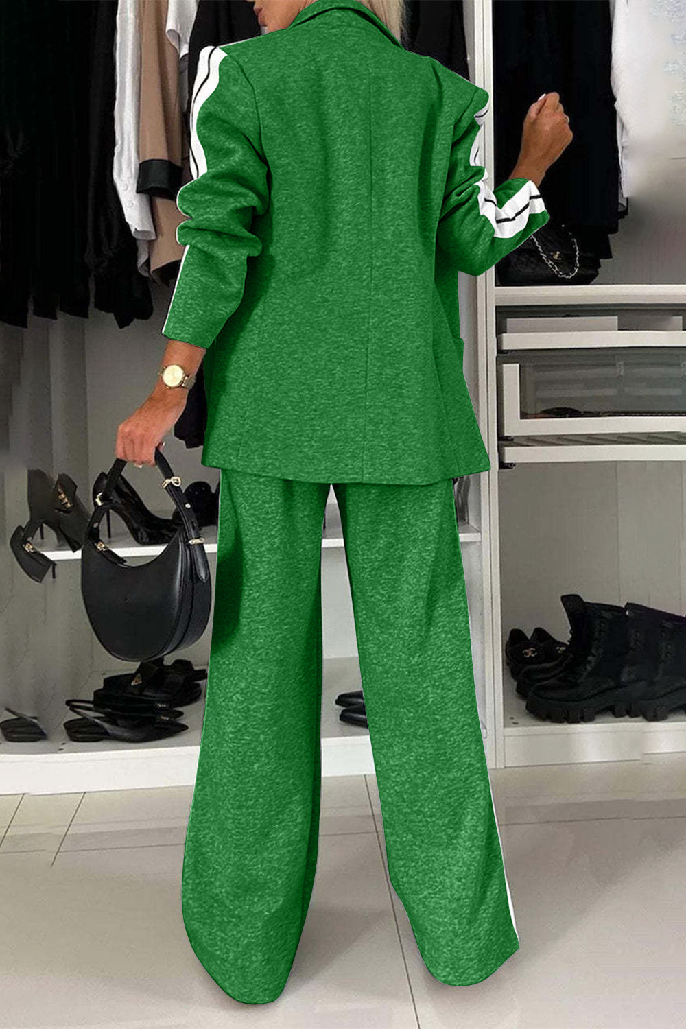 Full Size Contrast Lapel Collar Top and Pants Set, Small - 3XLarge