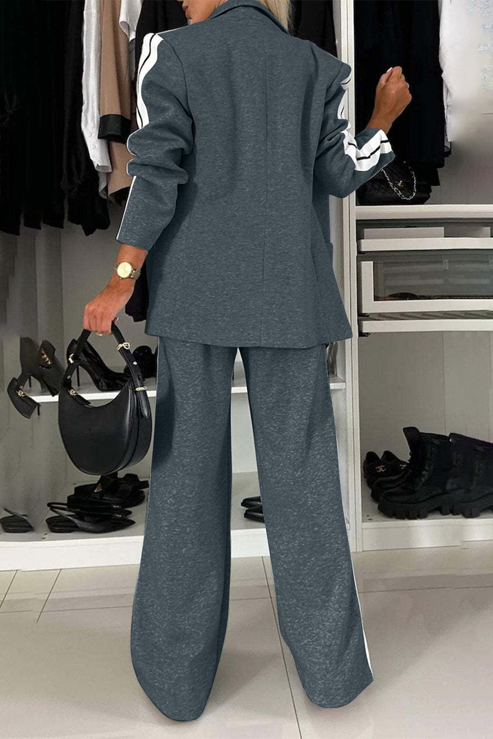 Full Size Contrast Lapel Collar Top and Pants Set, Small - 3XLarge