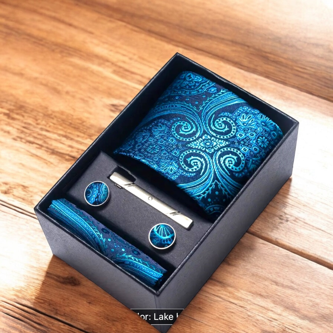 Men’s Silk Coordinated Tie Set w/Box - Lake Blue Paisley (8)