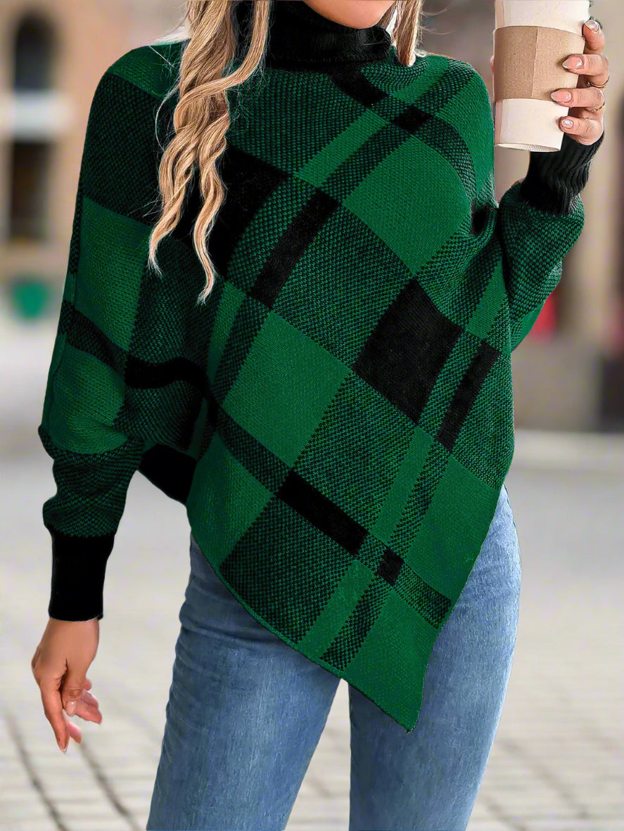 Plaid Turtleneck Batwing Sleeve Sweater