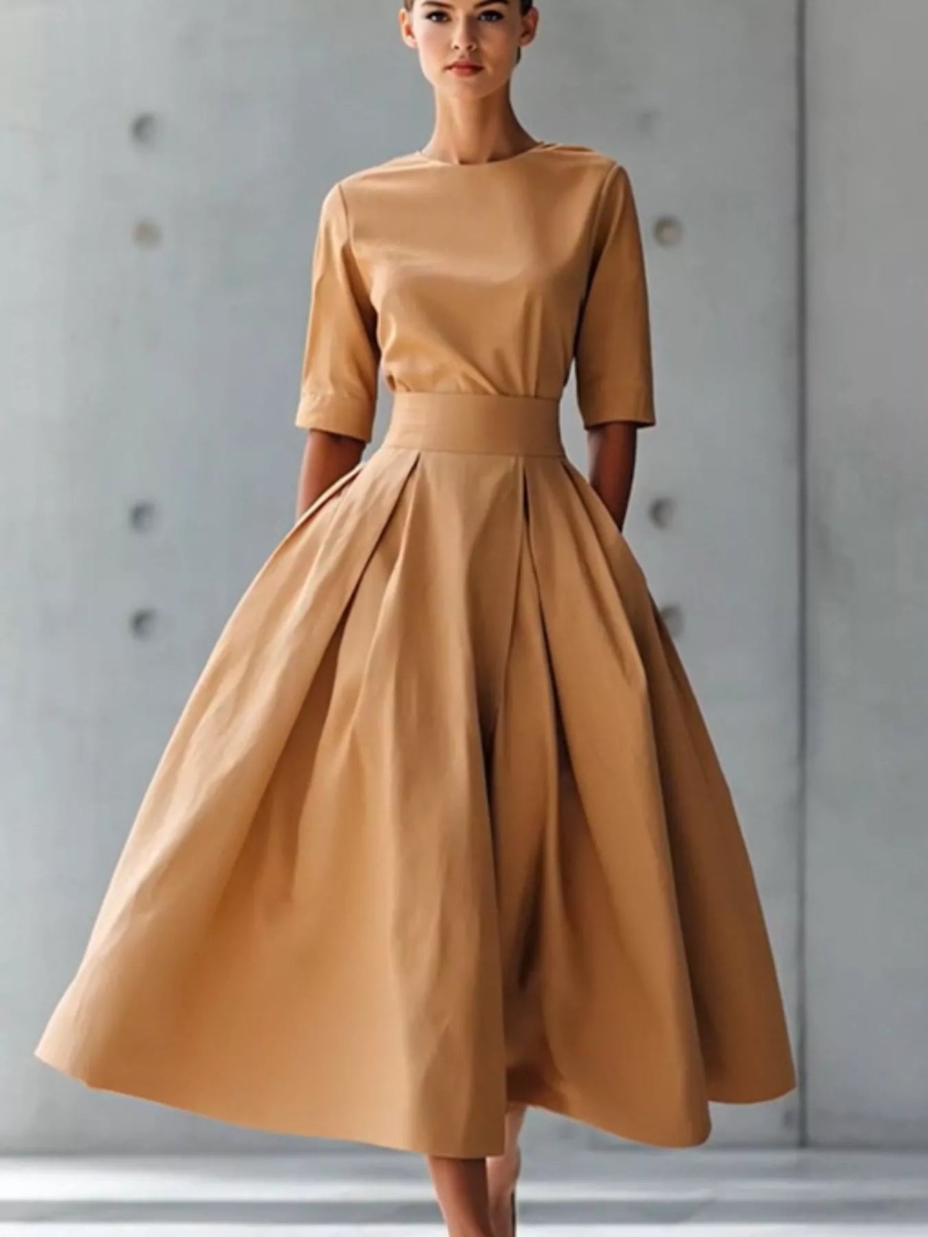 tan midi dress formal Round Neck A-Line Lisa tan
