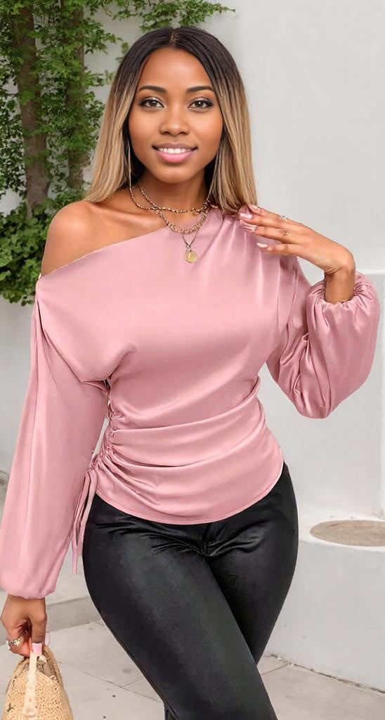 Drawstring One Shoulder Long Sleeve Blouse