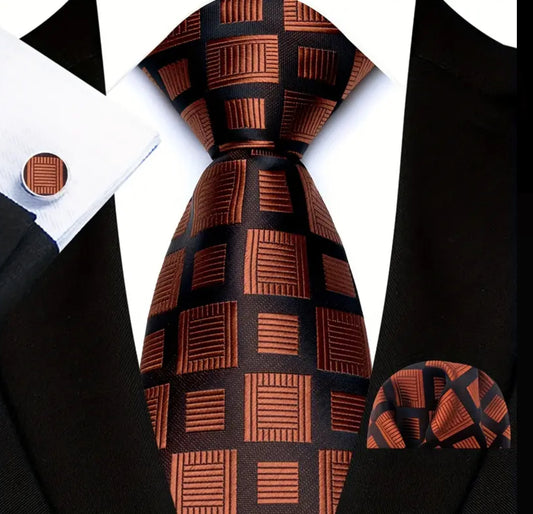 Men’s Silk Coordinated Tie Set - Brown and Black Squared