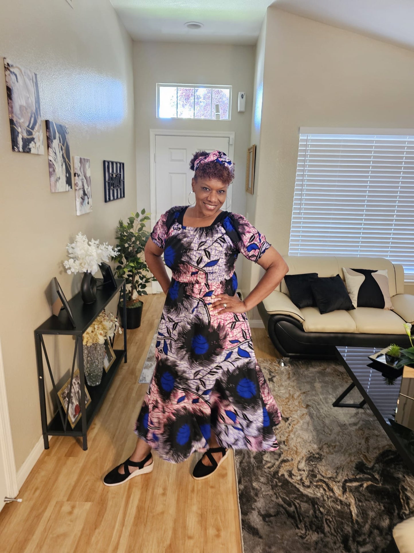 Short Puff Sleeve Maxi Dress with Head Wrap, Multiple Colors (free size)