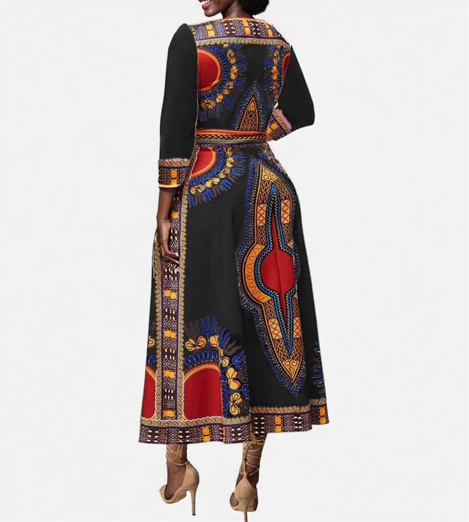 Elegant African Print Maxi Dress – Sizes S to 3XL (Black)
