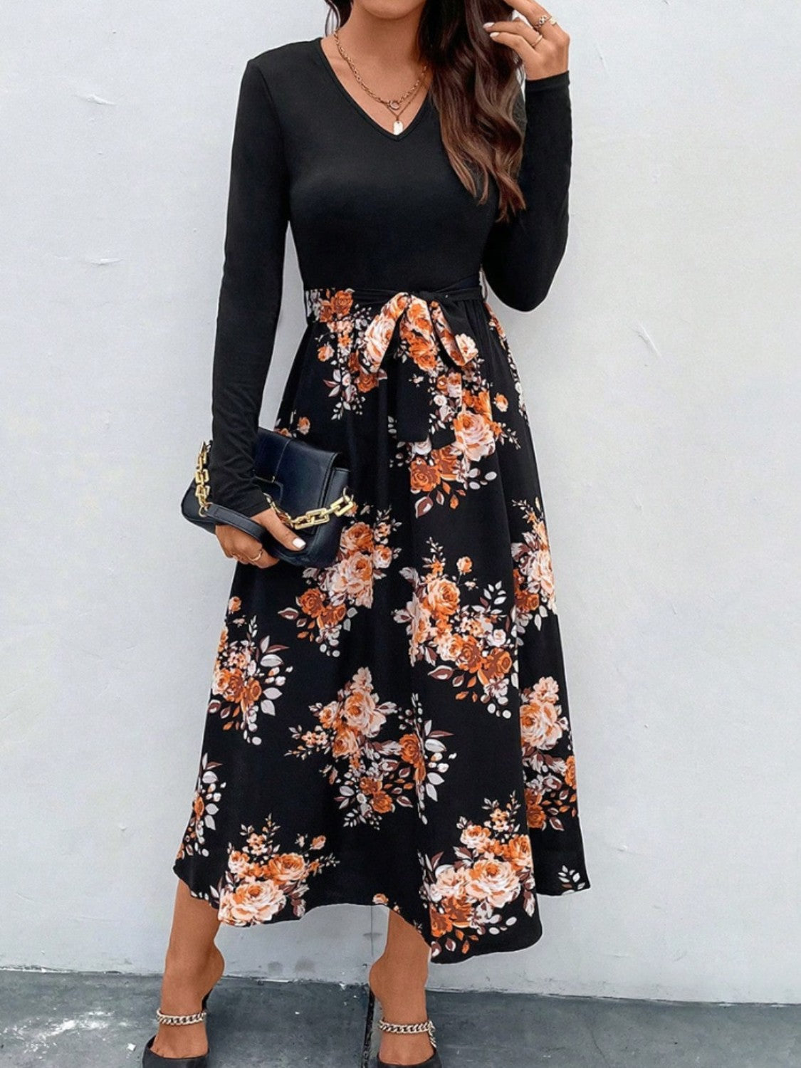 Floral V-Neck Long Sleeve Dress, Size XL