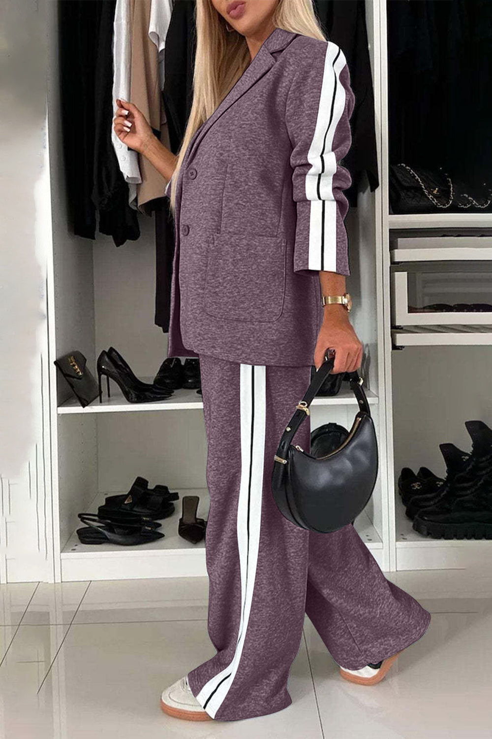 Full Size Contrast Lapel Collar Top and Pants Set, Small - 3XLarge