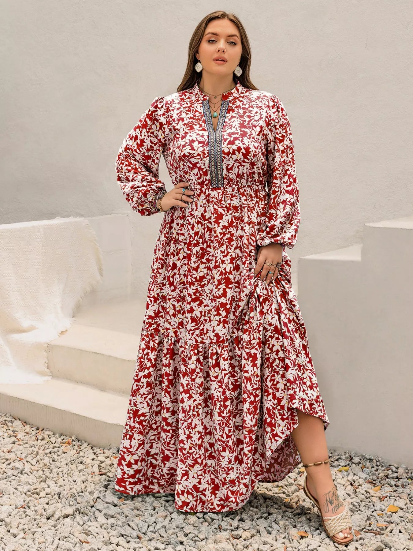plus size long sleeve floral dress A Line/Princess V-Neck Long Sleeves Floor Length Floral Plus Size Mother of the Bride Dresses With Flower Watermelon&Wine Red