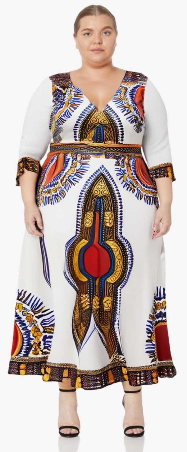 Elegant African Print Maxi Dress – Sizes S to 3XL (White)