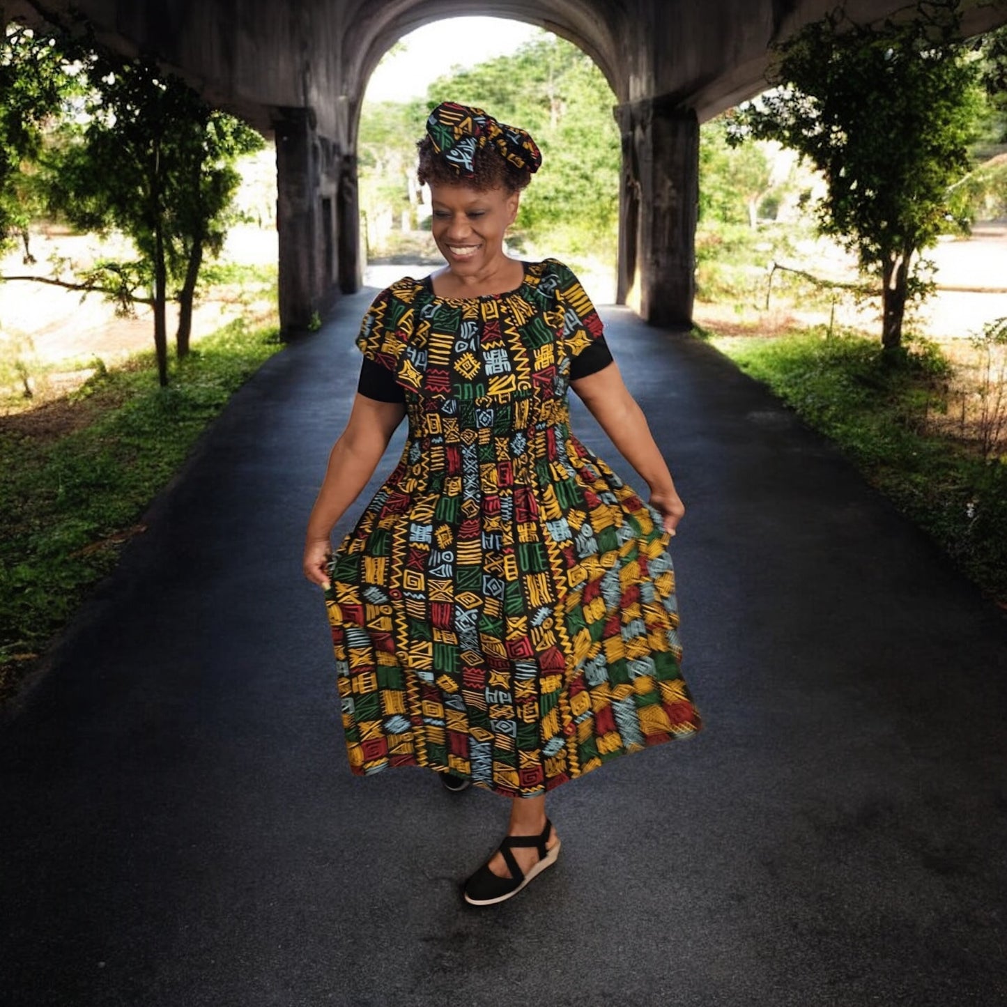 Long Tube Maxi Dress- Rasta with Head Wrap (free size)