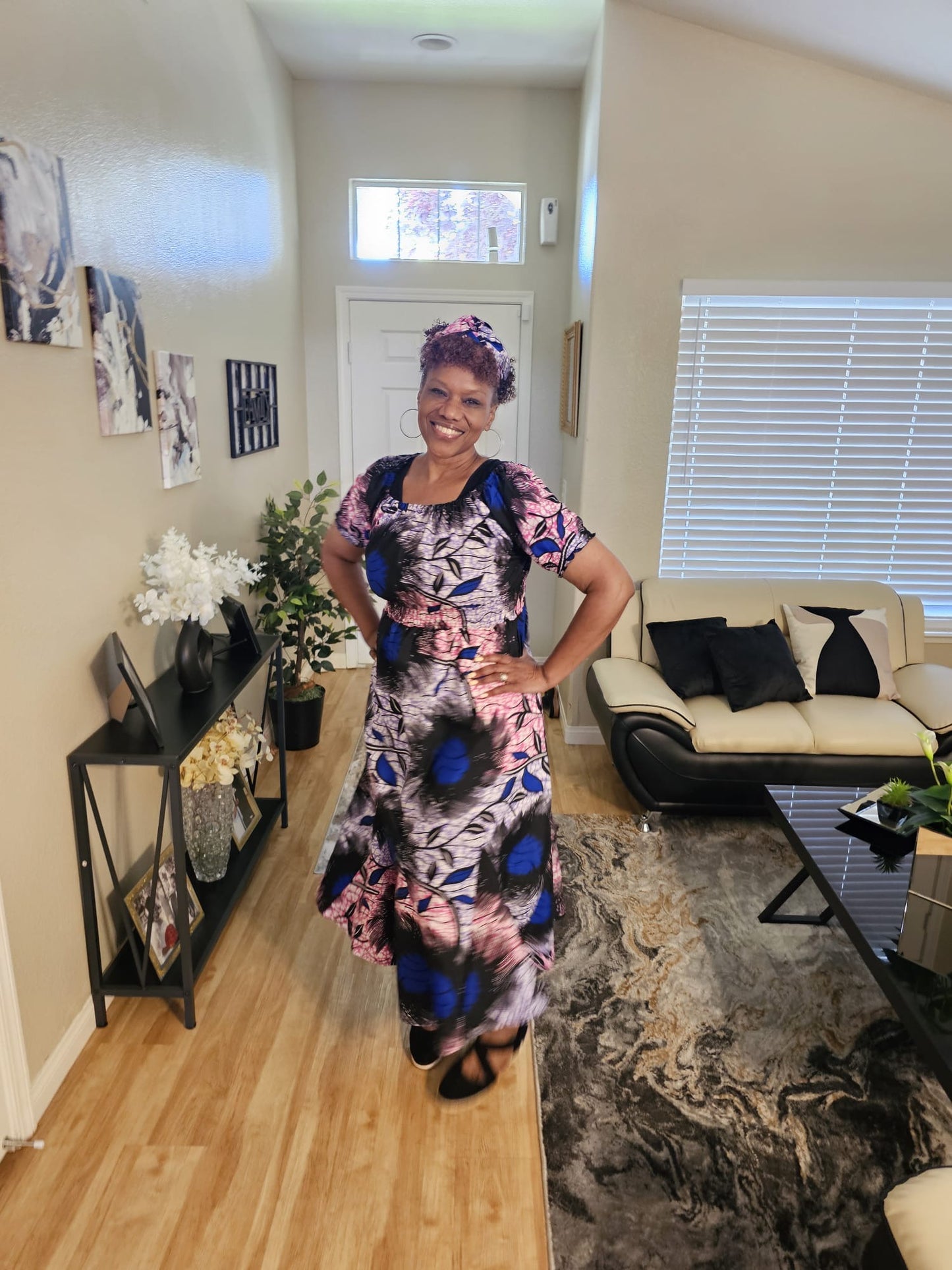 Short Puff Sleeve Maxi Dress with Head Wrap, Multiple Colors (free size)