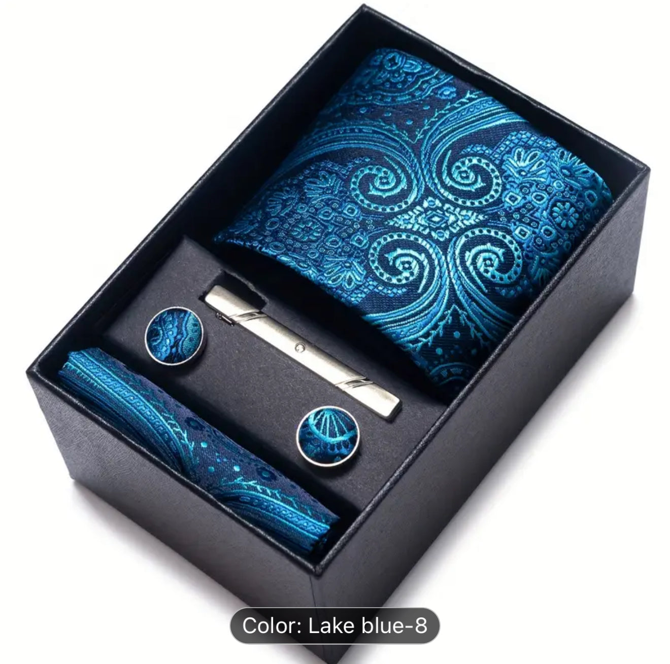 Men’s Silk Coordinated Tie Set w/Box - Lake Blue Paisley (8)