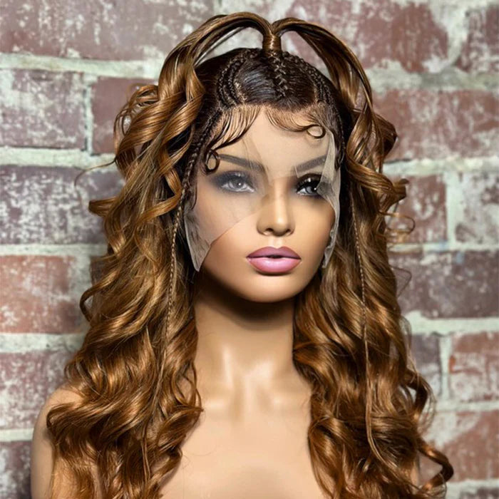 22/24 Inches 13x4 Honey Blonde Body Wavy with Braids 180% Density-100% Human Hair