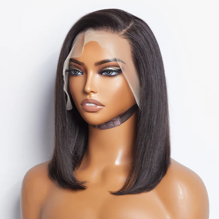 12 Inches 13x4 #1B Straight Lifting Bang Side Part Lace Frontal Wig-100% Human Hair