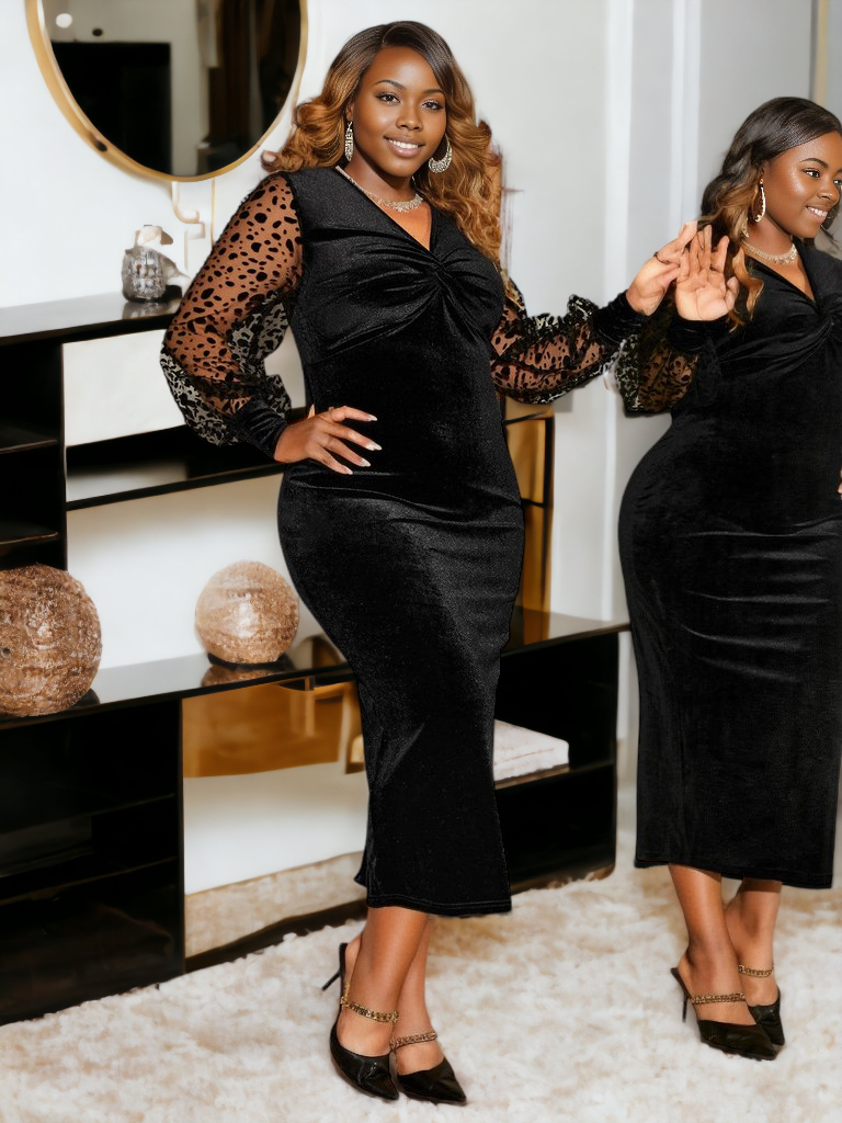 Plus Size Twist Front Lantern Sleeve Slit Dress