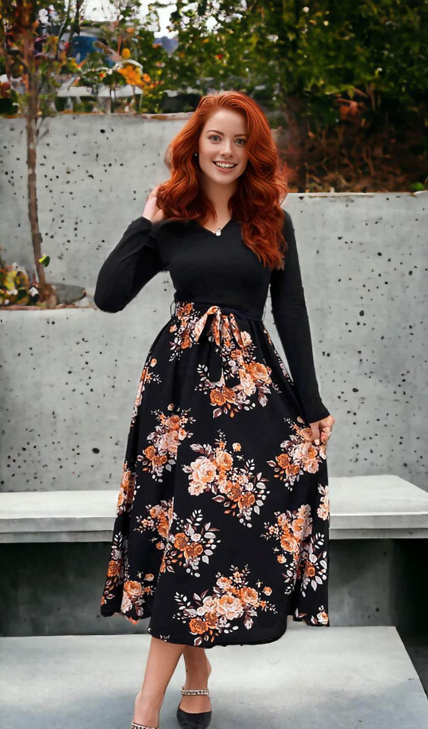 Floral V-Neck Long Sleeve Dress, Size XL