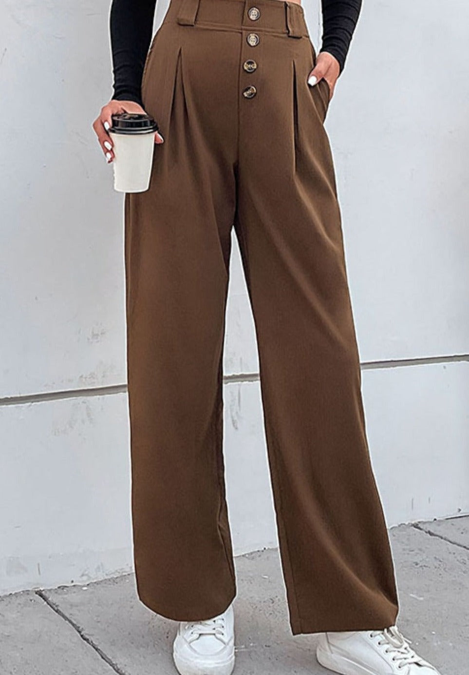 Button-Fly Pleated Waist Wide Leg Pants with Pockets - Brown