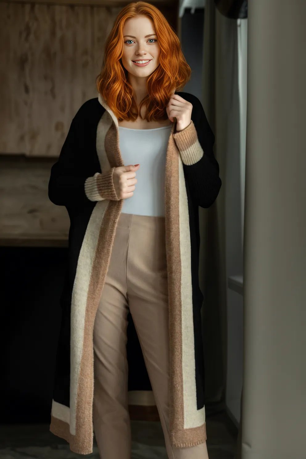 Pocketed Contrast Long Sleeve Hooded Cardigan