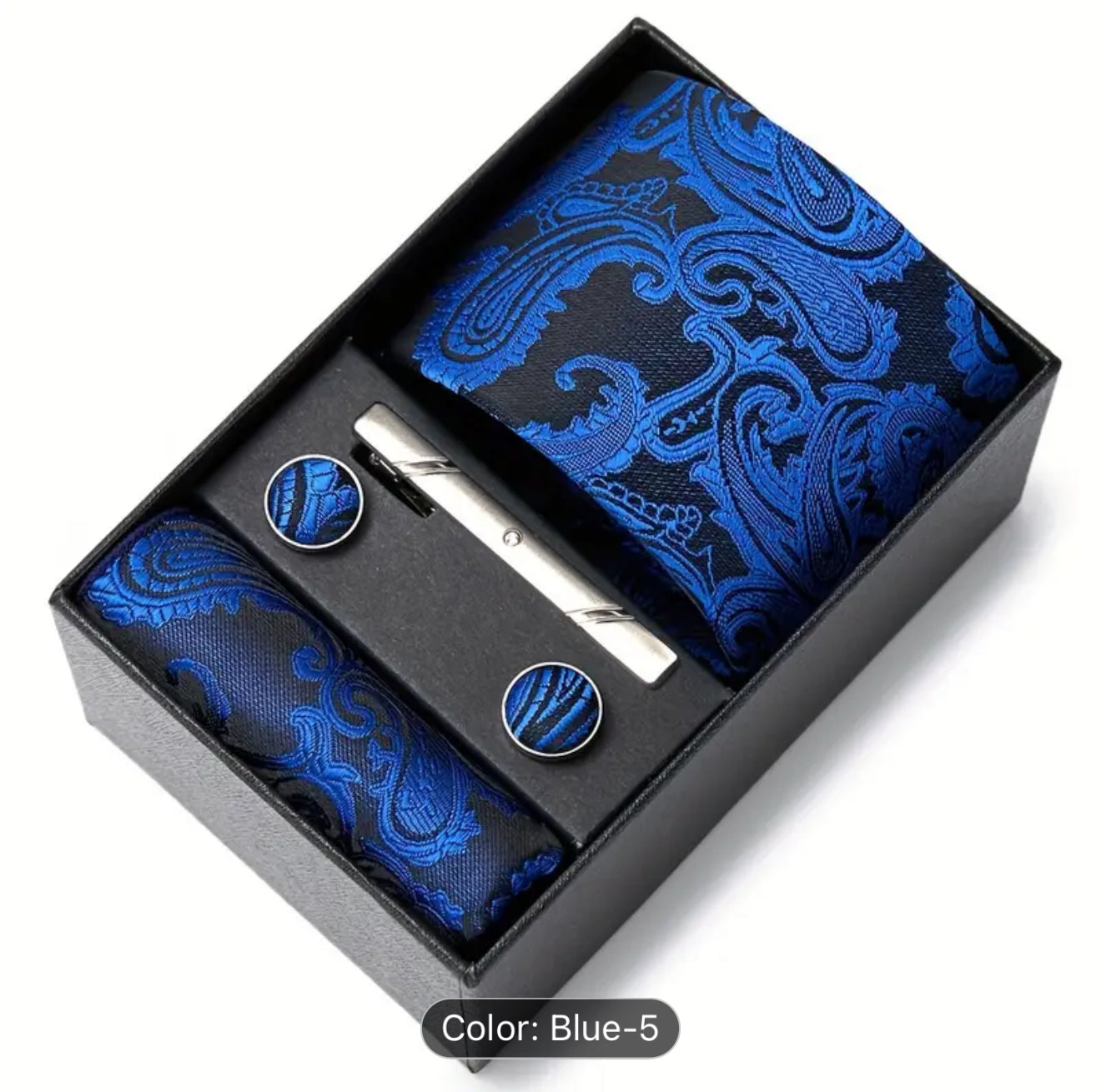 Men’s Silk Coordinated Tie Set w/Box - Blue Paisley (5)