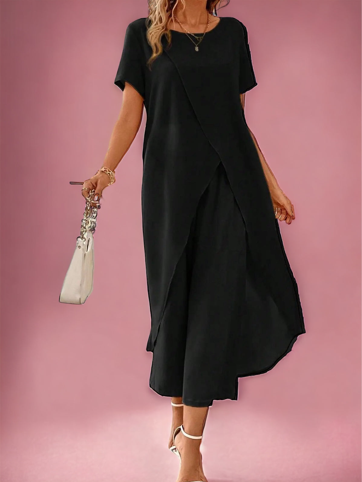 Plus Fashion Asymmetrical Top with Wide Leg Pants - Three Colors