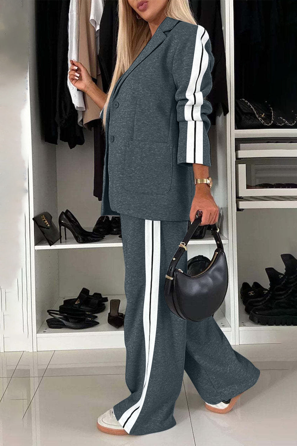 Full Size Contrast Lapel Collar Top and Pants Set, Small - 3XLarge