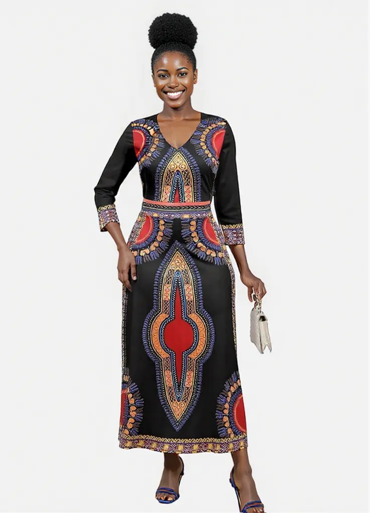 Elegant African Print Maxi Dress – Sizes S to 3XL (Black)