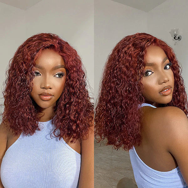 14 Inches 4x4 Pre-plucked Reddish Brown Curly Glueles Lace Closure Wig-100% Human Hair