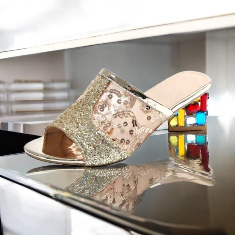 Open Toe Block Heels Sandals, Gold or White