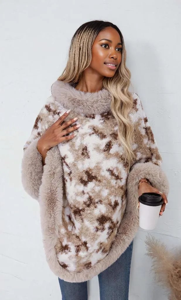 Furry Contrast Three-Quarter Poncho