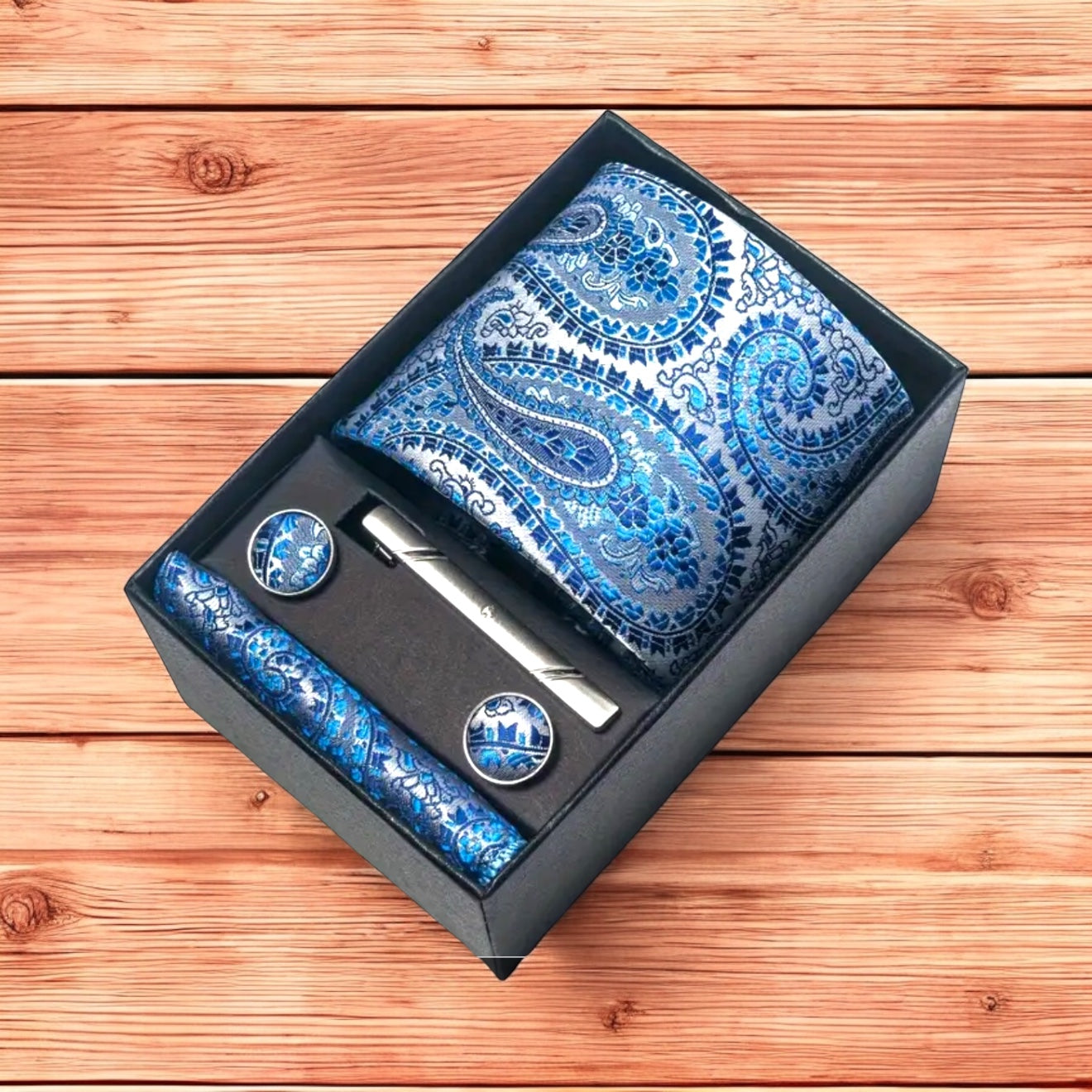 Men’s Silk Coordinated Tie Set w/Box - Sky Blue Paisley (15)