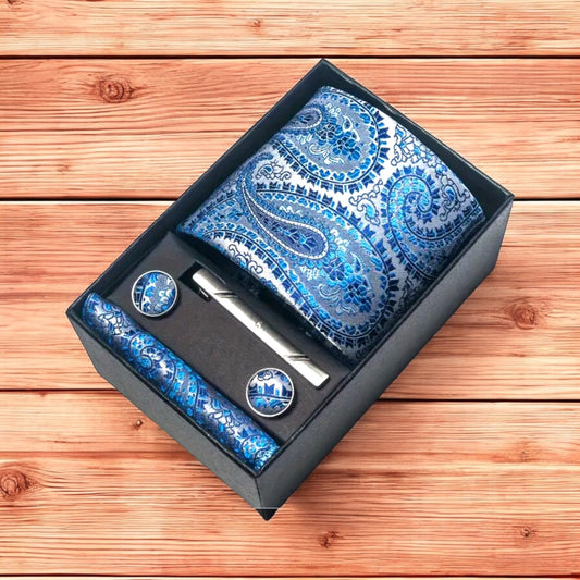 Men’s Silk Coordinated Tie Set w/Box - Sky Blue Paisley (15)
